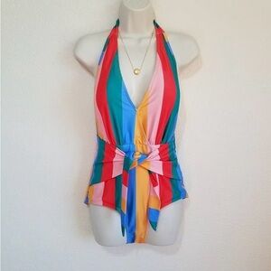 Colorful Striped Halter Swimsuit